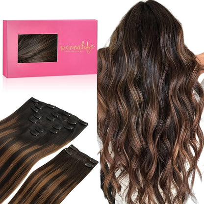 WENNALIFE Clip in Hair Extensions, 150g 16 Inch 9pcs Balayage Natural Black to Chestnut Brown Remy Hair Thicker Double Weft Extensiones De Cabello Humano Con Clip Ins Straight Full Volume