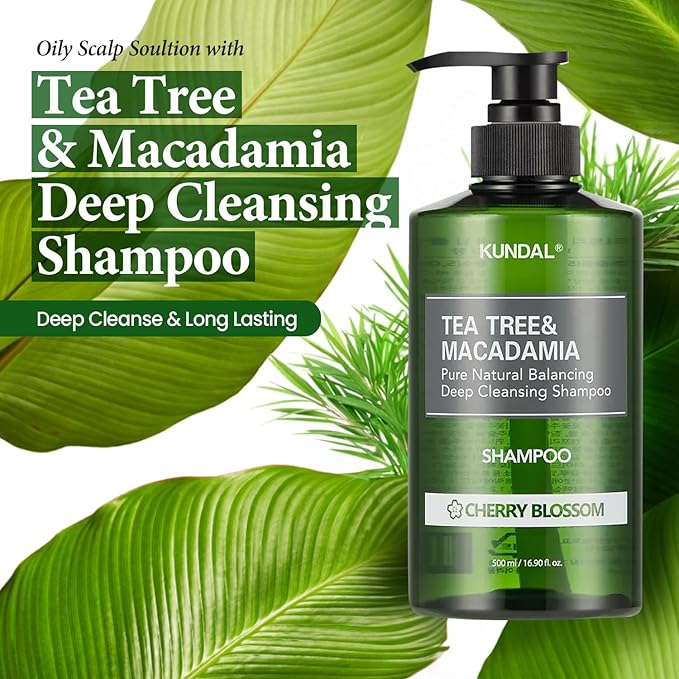 Kundal Tea Tree & Macadamia Deep Cleansing Shampoo - Korean Hair Care, Scalp Care, Tea Tree extract, For All hair Types 10.14fl oz each (Pack of 2) (Baby Powder)