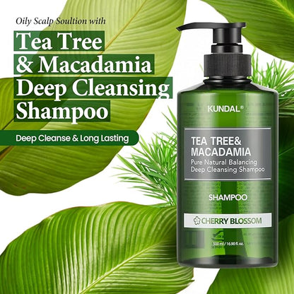 Kundal Tea Tree & Macadamia Deep Cleansing Shampoo - Korean Hair Care, Scalp Care, Tea Tree extract, For All hair Types 10.14fl oz each (Pack of 2) (Baby Powder)