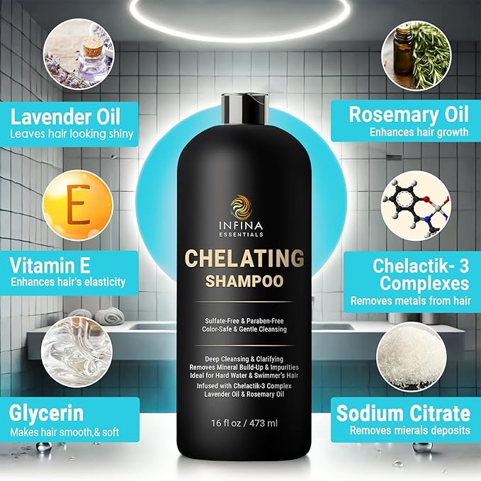 Chelating Hard Water Shampoo with Chelactik-3 & Rosemary Oil - Color Safe Metal Detox Shampoo for Build-Up & Swimmers Hair - 16 fl oz
