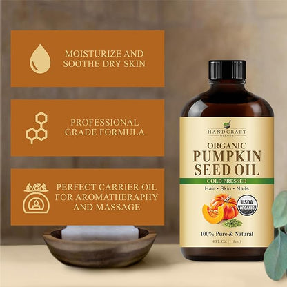 Handcraft Blends Cold-Pressed Organic Pumpkin Seed Oil in Glass Bottle - 4 Fl Oz - 100% Pure and Natural - Premium Grade Carrier Oil for Hair, Skin, Nails, and Body - Massage - Aromatherapy