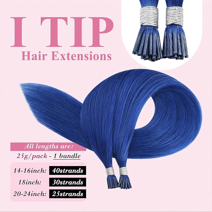 YoungSee Blue I Tips Hair Extensions 25g Blue I Tip Extensions 16 Inch Colorful Hair Extension I Tip 40s Blue Human Hair Extensions I Tip for Women Tip Human Hair Extensions for Prom