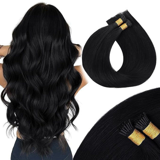 MAXITA I Tip Hair Extensions Human Hair,50g/100s Jet Black 16 Inch Comfortable Wear, Invisible & Natural Cold Fusion, 100% Remy Human Hair Itip Keratin Hair Extensions