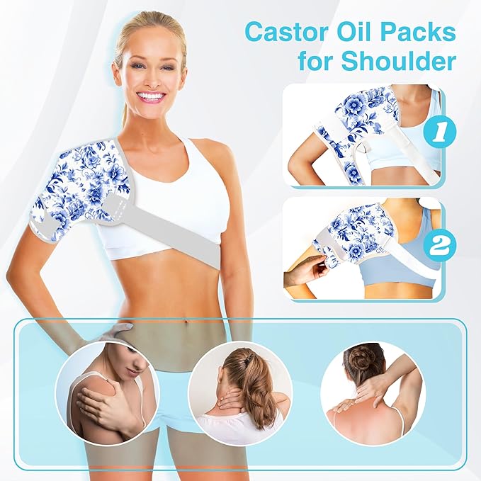 12 Pcs Castor Oil Pack Wrap, Reusable Castor Oil Pack Kit Organic Cotton for Shoulder Hands Neck Waist Chest Knees and Feet, Adjustable Compress Pads for Entire Body, Machine Washable Anti Oil Leak