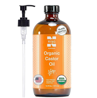 Niyavera 16oz Pure Castor Oil Organic Cold Pressed Unrefined, Hexane Free,Natural - Glass Bottle with Pump, USDA Certified, Golden Castor oil for Skin, Hair, Lashes, Nails & More