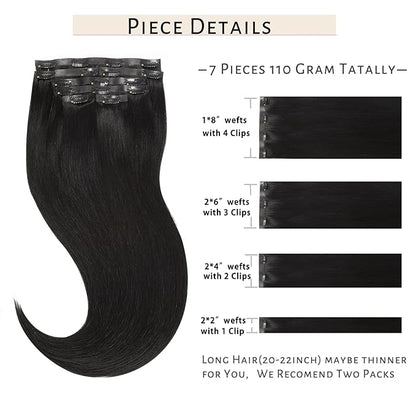 Caliee Clip in Hair Extensions Real Human Hair 14Inch Invisible Seamless Clip in Human Hair Extensions PU Skin Weft Color 1 Jet Black Human Hair Clip ins for Women Silky Straight 7PCS 110G