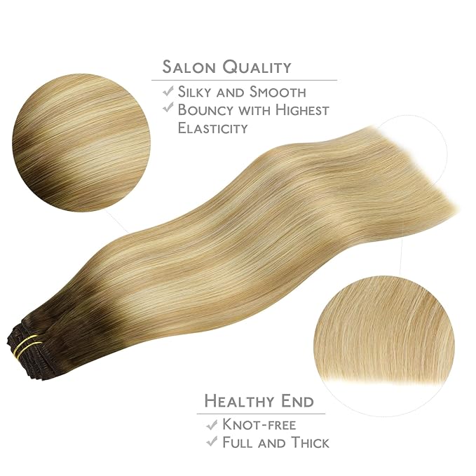 WENNALIFE Clip in Hair Extensions Real Human Hair, 18 Inch 120g 7pcs Human Hair Extensions Clip In Human Hair, Balayage Light Ash Brown to Light White Blonde Hair Extensions Clip In Real Hair Coloured