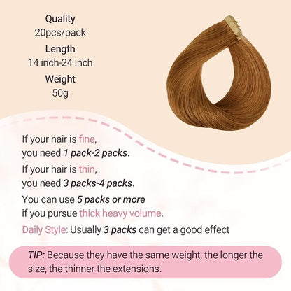 MAXITA Human Hair Tape in Extensions, Invisible Tape in Hair Extensions Human Hair Straight Remy Hair, Olive Auburn 14 Inch 50g 20pcs Hair Extensions Real Human Hair