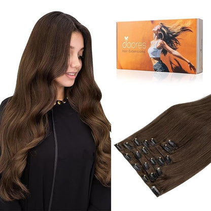 DOORES Human Hair Clip in Extensions, Chocolate Brown 135g 7pcs 16 Inch, Remy Human Hair Extensions Clip in Natural Silky Straight Weft