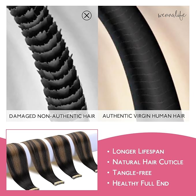 WENNALIFE Tape in Hair Extensions Human Hair Balayage Natural Black to Chestnut Brown Tape in Extensions, 10pcs 25g 16 inch Remy Invisible Tape Ins Straight Soft Real Human Hair Tape in Extensions