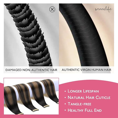 WENNALIFE Tape in Hair Extensions Human Hair Balayage Natural Black to Chestnut Brown Tape in Extensions, 10pcs 25g 16 inch Remy Invisible Tape Ins Straight Soft Real Human Hair Tape in Extensions