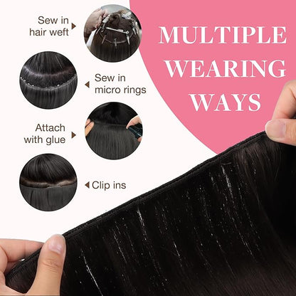 GOO GOO Sew in Hair Extensions Real Human Hair, Weft Hair Extensions Human Hair, 2A Light Brown 20inch 105g, Weft Bundles Straight Silky Remy Hair