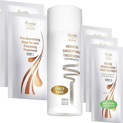 VITAMINS hair cosmetics Keratin Hair Treatment Straightening Kit - Salon Like at Home Keratin Treatment Formaldehyde Free - Hair Smoothing, Nourishing & Revitalizing 3-Step System