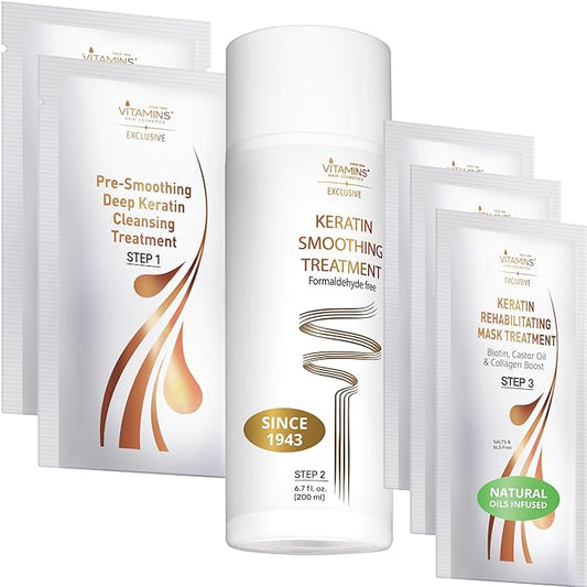 VITAMINS hair cosmetics Keratin Hair Treatment Straightening Kit - Salon Like at Home Keratin Treatment Formaldehyde Free - Hair Smoothing, Nourishing & Revitalizing 3-Step System