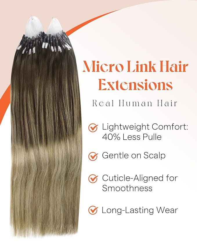 Sunny Hair Micro Link Hair Extensions Human Hair Brown Ombre Golden Brown Mix Blonde Micro Hair Extensions Real Human Hair Invisible Cold Fusion Micro for Women 14inch 50g
