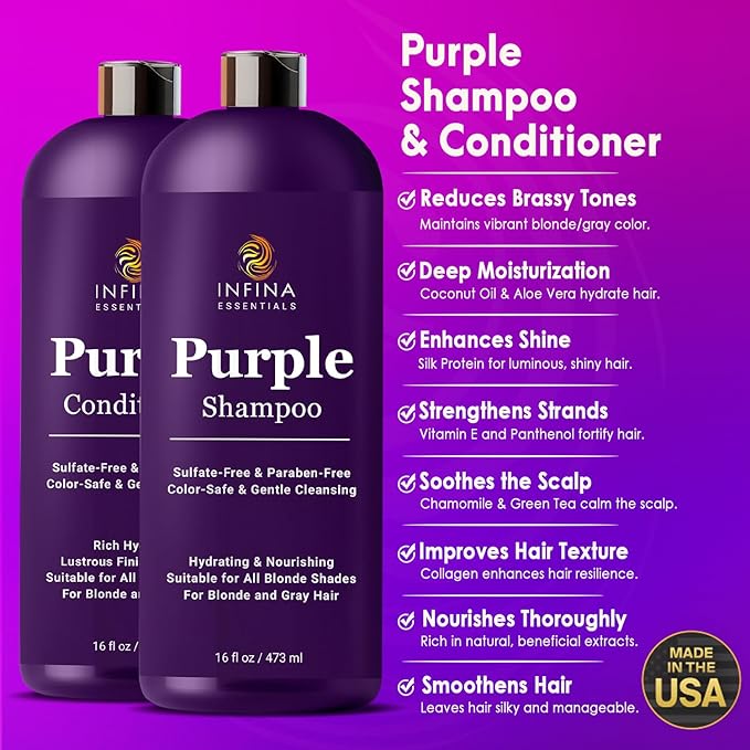 Purple Shampoo and Conditioner Set - Sulfate Free, Enriched with Coconut Oil & Aloe Vera, Ideal for Blonde, Gray, Brassy & Color Treated Hair, Nourishes & Hydrates - 16 fl oz each