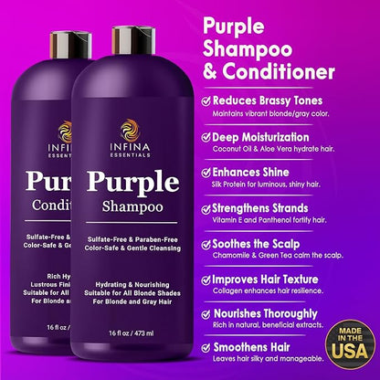 Purple Shampoo and Conditioner Set - Sulfate Free, Enriched with Coconut Oil & Aloe Vera, Ideal for Blonde, Gray, Brassy & Color Treated Hair, Nourishes & Hydrates - 16 fl oz each