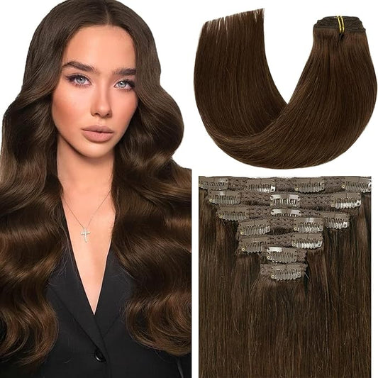 Loxxy Human Hair Extensions Clip in Chocolate Brown Real Human Hair Extensions 120g 7 Pieces Silky Straight Weft Full Head Clip in Remy Human Hair #4 16 Inch