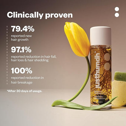 JustHuman AyuGrowth Fortifying Hair Oil |Ayurvedic Elixir| Clinically Proven 18-Oil blend |Reduces Hair Fall & breakage | Strengthens roots | Bhringraj, Amla, Brahmi & Vertiver root | 4oz