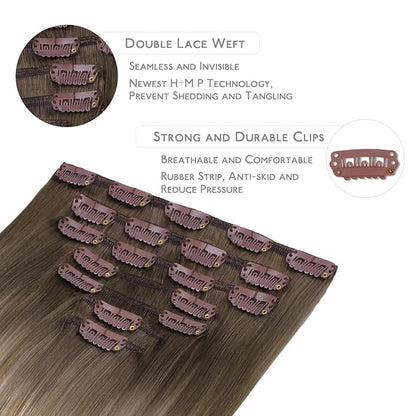WENNALIFE Clip in Hair Extensions Real Human Hair, 18 Inch g 7pcs Balayage Sandy Brown to Platinum Blonde Remy Hair Straight Natural Extensiones De Cabello Humano Con Clip Ins