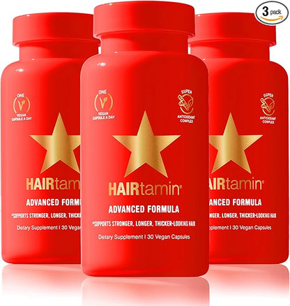 HAIRtamin Advanced Formula Hair Growth Supplement for Women & Men, Supports Stronger, Longer, Visibly Thicker Hair, With 5000 mcg Biotin, Vitamins & Antioxidants, 100% Vegan – 3 Month Supply