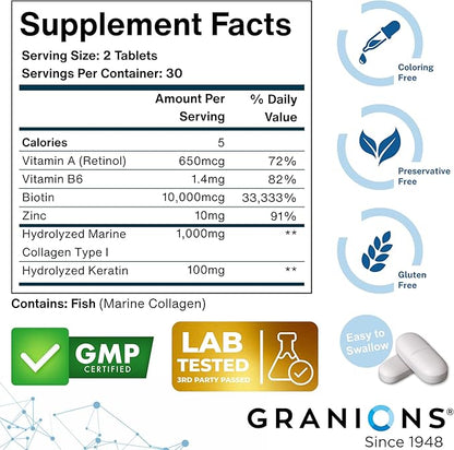 Biotin Collagen Keratin Supplement Hair Growth Tablets – Biotin 10000mcg, Marine Collagen Peptides, Keratin, Retinol, Zinc, Vitamin B6 - Hair, Skin and Nails Complex for Women and Men – 60 Tablets