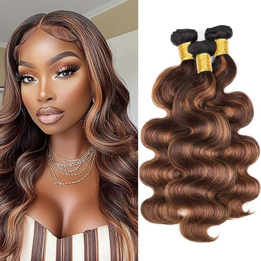 Ombre Body Wave Bundles Human Hair 1BP430 Highlight Brown and Light Brown two tone Double Weft Brazilian Human Hair Soft and Silky for Black Women 18 20 22 Inch