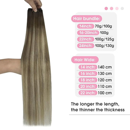 YoungSee Weft Hair Extensions Human Hair Brown Ombre Sew in Extensions Human Hair Dark Brown Ombre Light Brown with Blonde Weft Hair Extensions Real Human Hair 16Inch 100G