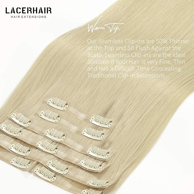 Lacer Seamless Clip in Hair Extensions - 14 in Human Hair, 18 Clips, #60A Platinum Blonde, Natural Silky Invisible Weft, 7Pcs 130 Grams for Women