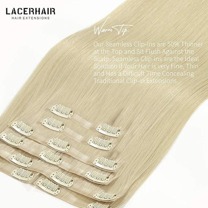 Lacer Seamless Clip in Hair Extensions - 14 in Human Hair, 18 Clips, #60A Platinum Blonde, Natural Silky Invisible Weft, 7Pcs 130 Grams for Women
