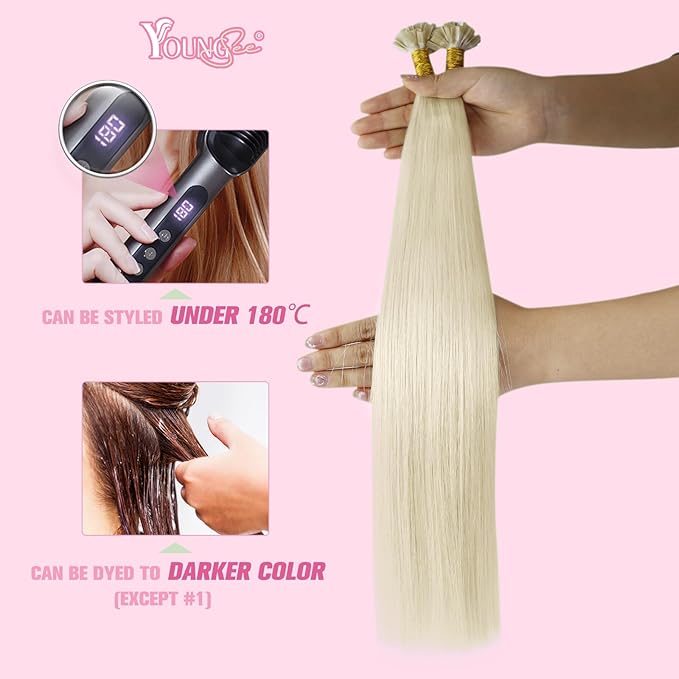 YoungSee Ktips Hair Extensions Human Hair Blonde K Tip Extensions Real Human Hair Platinum Blonde Ktip Human Hair Extensions for Women 18Inch U Tip Extensions Human Hair 50G 50S