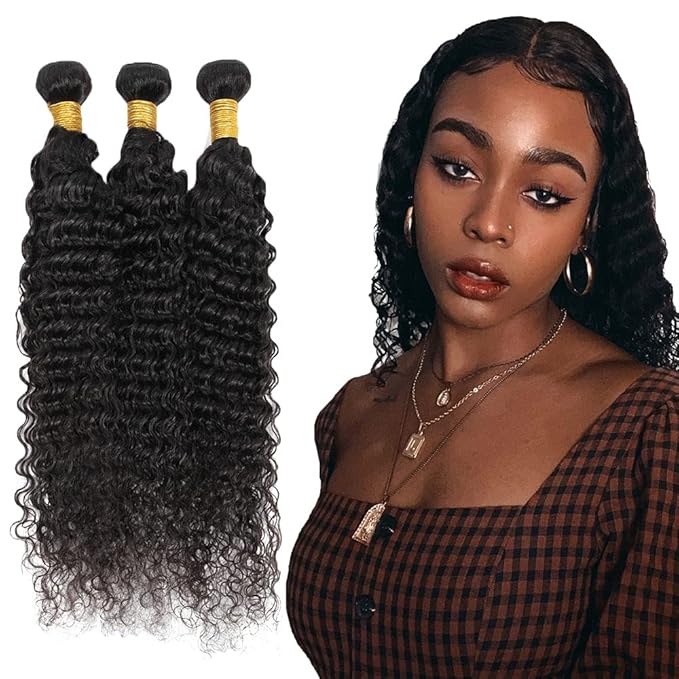 #1B Human Hair Bundles Deep Wave Bundles 14 14 14 Inch Unprocessed Brazilian Virgin Hair Weave 3 Bundles 50 Grams Per Bundle Natural Color Bundle Human Hair Extensions