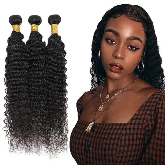#1B Human Hair Bundles Deep Wave Bundles 14 14 14 Inch Unprocessed Brazilian Virgin Hair Weave 3 Bundles 50 Grams Per Bundle Natural Color Bundle Human Hair Extensions