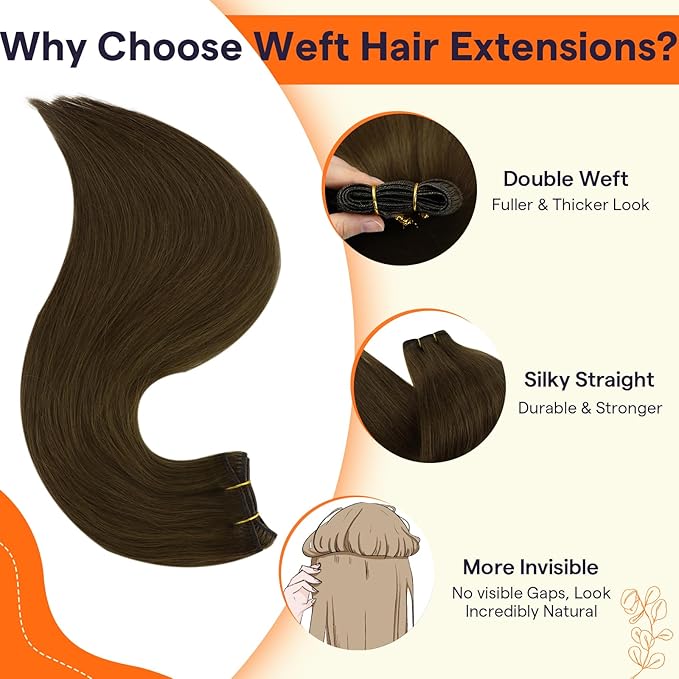 Full Shine Human Hair Extensions Sew In Weft Hair Extensions 18 Inch Weft Extensions Remy Hair Straight Hair Weft Color Darker Brown Sew In Extensions Soft Silky Hair 105G