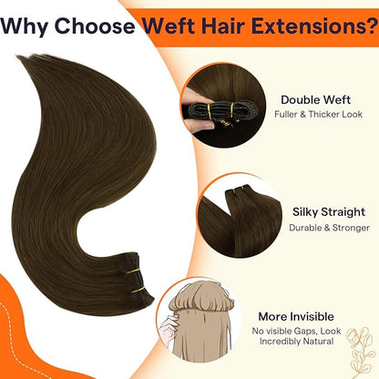 Full Shine Human Hair Extensions Sew In Weft Hair Extensions 18 Inch Weft Extensions Remy Hair Straight Hair Weft Color Darker Brown Sew In Extensions Soft Silky Hair 105G