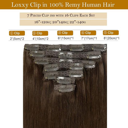 Loxxy 22inch Clip In Hair Extensions Brown Real Human Hair Clip Ins Extensions Light Dark Brown Double Weft Straight Real Hair Extensions Clip in Human Hair Thick Ends Full Head 140G 7PCS