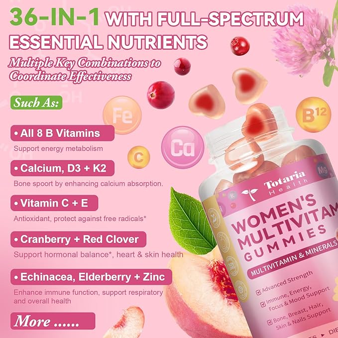 Sugar Free Multivitamin Gummies for Women 14+ w/Iron, Inositol, Folate, Biotin, Womens Daily Multivitamin Gummy w/Vitamin A, C, B, D3, K2, for Hair, Skin, Energy, Immune, Peach Flavor
