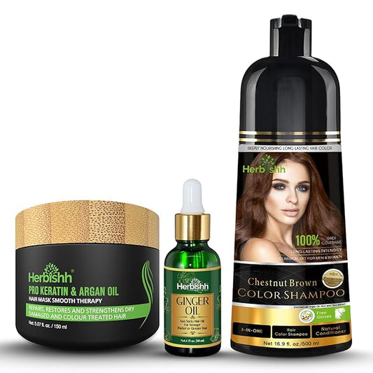 Herbishh Chestnut Brown Hair Dye Shampoo 3 In 1, Color Shampoo For Gray Hair Coverage 500 ML Argan Oil & Pro Keratin Deep Conditioning Hair Mask 150gm & Ginger Essential Oil Serum For Hair Growth 30ml