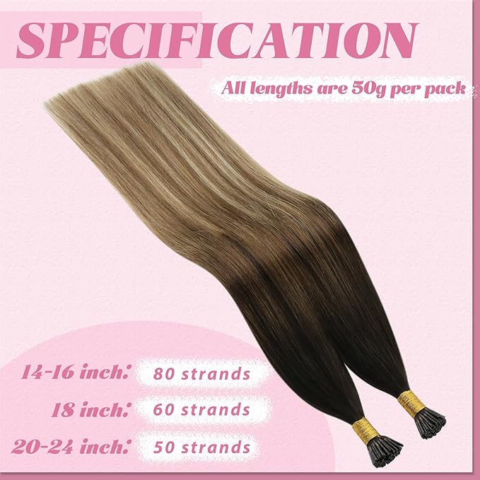 YoungSee I Tips Hair Extensions Balayage Itips Hair Extensions Human Hair Dark Brown Ombre Blonde with Brown Tip Hair Extension for Women Real Hair 16 Inch Pre Bonded Hair Extension for Girl 80s 50g