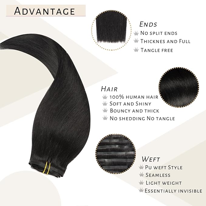 Caliee Clip in Hair Extensions Real Human Hair 14Inch Invisible Seamless Clip in Human Hair Extensions PU Skin Weft Color 1 Jet Black Human Hair Clip ins for Women Silky Straight 7PCS 110G