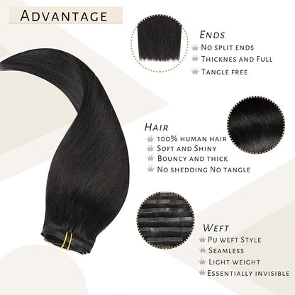 Caliee Clip in Hair Extensions Real Human Hair 14Inch Invisible Seamless Clip in Human Hair Extensions PU Skin Weft Color 1 Jet Black Human Hair Clip ins for Women Silky Straight 7PCS 110G
