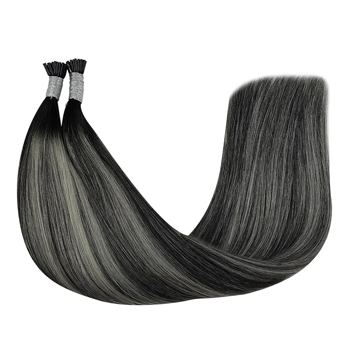 YoungSee I Tips Hair Extensions Ombre I Tip Hair Extensions Ombre Black to Silver Human Hair I Tip Extensionsr Balayage 20 Inch Tip Hair Extensions Human Hair Silky Straight 50s 50g