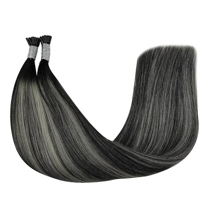 YoungSee I Tips Hair Extensions Ombre I Tip Hair Extensions Ombre Black to Silver Human Hair I Tip Extensionsr Balayage 20 Inch Tip Hair Extensions Human Hair Silky Straight 50s 50g