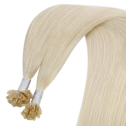 YoungSee U Tips Hair Extensions Real Human Hair Blonde U Tip Real Hair Extensions Platinum Blonde Hot Fusion Hair Extensions Human Hair Blonde K Tip Hair Extensions Human Hair for Women 16In 1G/S 50G