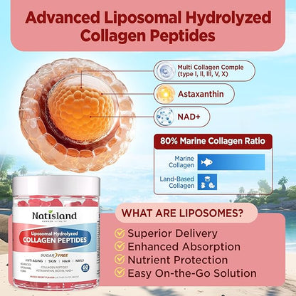 Sugar-Free 2500 mg Liposomal Collagen Peptides Gummies, w/Biotin, NAD+, Resveratrol, Astaxanthin, A+C+E, Type I, II, III, V, X - 80% Marine Collagen Gummies for Women Men - Skin, Hair & Nails, 60CT