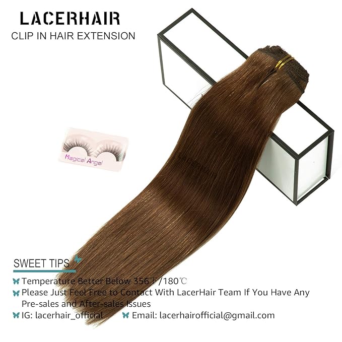 Lacer Hair Extensions Clip In Real Human Hair Extensions 120g 7 Pieces Silky Straight Weft Remy Human Hair Clip in Hair Extensions Chocolate Brown #4 14 Inch