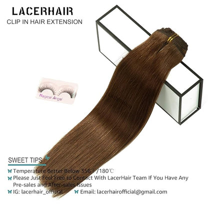 Lacer Hair Extensions Clip In Real Human Hair Extensions 120g 7 Pieces Silky Straight Weft Remy Human Hair Clip in Hair Extensions Chocolate Brown #4 14 Inch