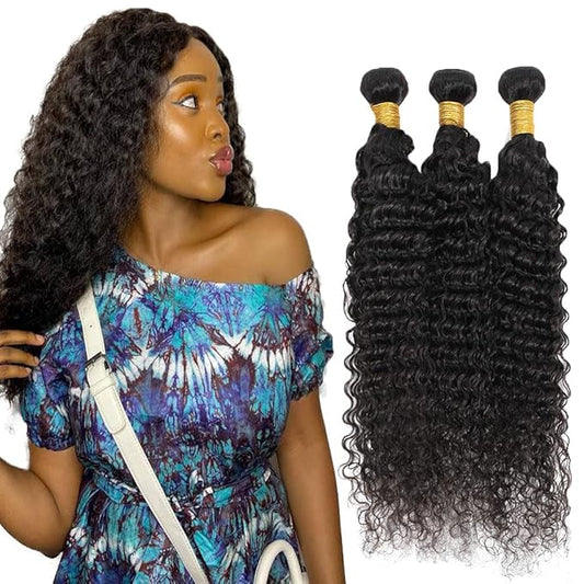 #1B Human Hair Bundles Deep Wave Bundles 30 30 30 Inch Unprocessed Brazilian Virgin Hair Weave 3 Bundles 50 Grams Per Bundle Natural Color Bundle Human Hair Extensions