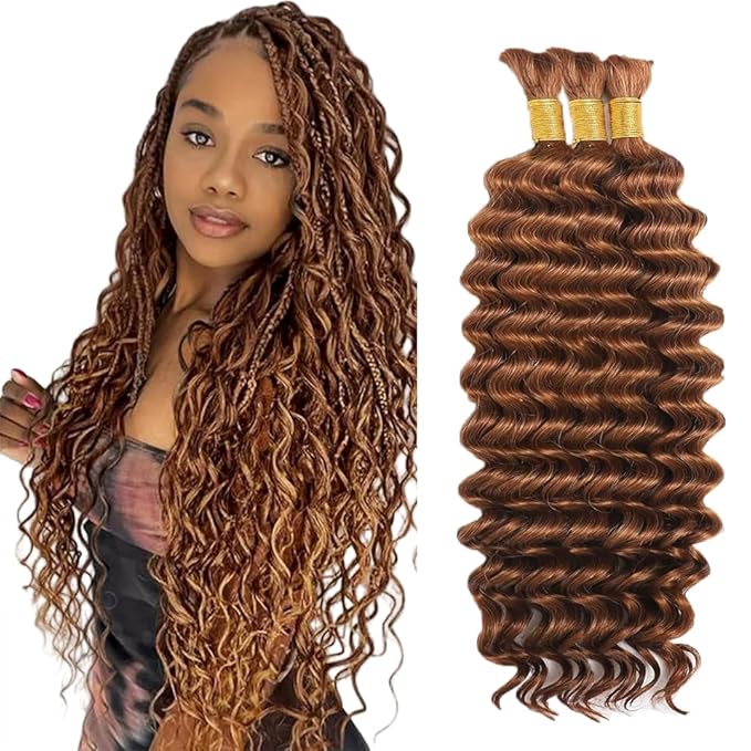 #30 Brown Human Braiding Hair Deep Wave Bulk 30 30 30 Inch Human Hair Weave 3 Bundle Unprocessed Brazilian Virgin Hair Light Brown Deep Curly Braiding Hair Extensions 50 Grams/Bundle