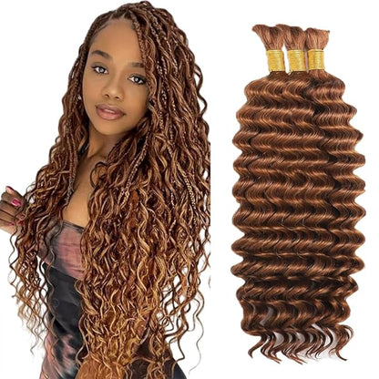 #30 Brown Human Braiding Hair Deep Wave Bulk 30 30 30 Inch Human Hair Weave 3 Bundle Unprocessed Brazilian Virgin Hair Light Brown Deep Curly Braiding Hair Extensions 50 Grams/Bundle